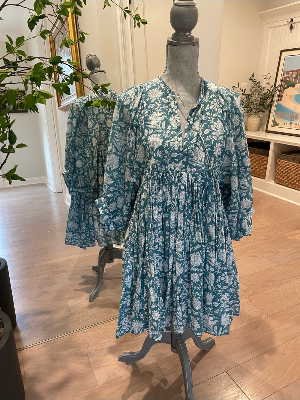Daughters of India Teal Floral Cotton Top
